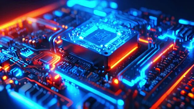 This is an video of a computer motherboard with a glowing blue and orange light.