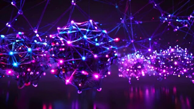 This is a dark video with several blue and purple glowing objects that are interconnected by a web of glowing lines.