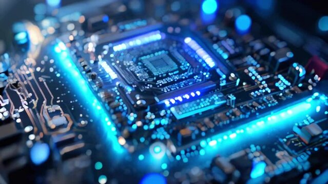 A close-up of a computer circuit board with a glowing blue light.
