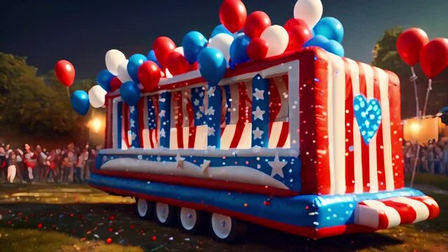 Independence day 4 july This is a patriotic-themed bounce house. It has red, white, and blue balloons and stars and stripes graphics.