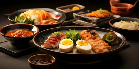 Japanese cuisine plates with onigiri ramen omelet yakisoba miso soup and tofu. Concept Japanese Cuisine, Onigiri, Ramen, Omelet, Yakisoba, Miso Soup, Tofu