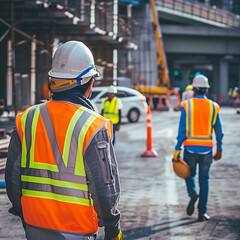 Obraz premium A group of workers wearing safety helmets and protective equipment at the workplace.