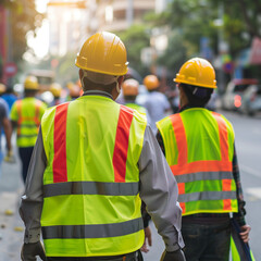 A group of workers wearing safety helmets and protective equipment at the workplace.