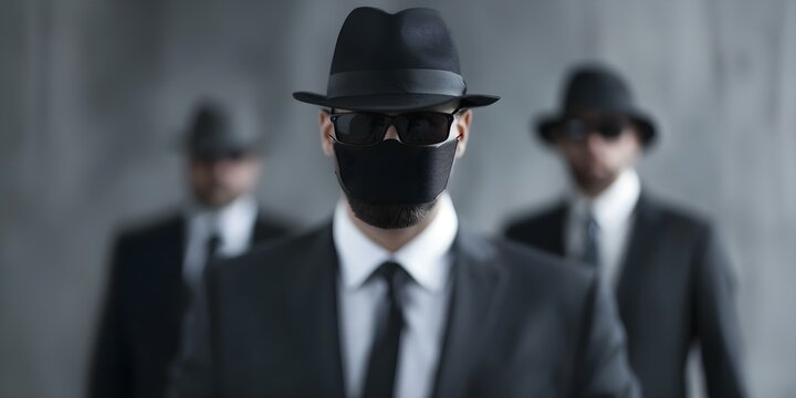 Mafia boss and bodyguards exuded power and danger at public event. Concept Power, Danger, Mafia, Public Event, Bodyguards