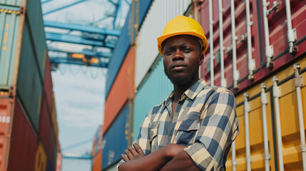 Portriat handsome male African American Industrial warehouse specialist. Black man worker wearing yellow protective hard hat helmet working at container yard. 