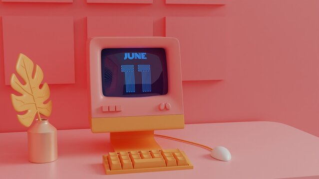 Neon Retro Calendar  - June 11 Displayed on Vintage Computer Screen with 80s Style Graphics