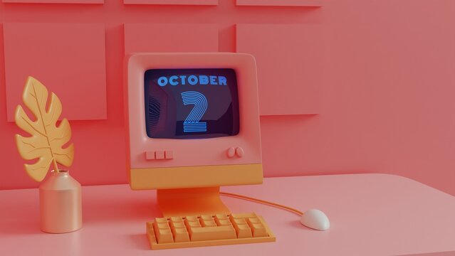 Neon Retro Calendar  - October 2 Displayed on Vintage Computer Screen with 80s Style Graphics