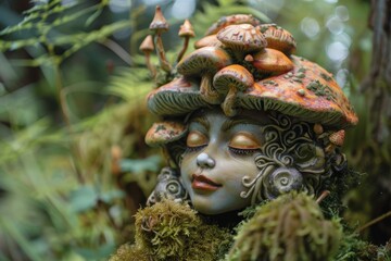 Closeup of a unique and intricate enchanted forest fairy sculpture with a mushroom hat. Inspired by mythological folklore and featuring vibrant colors and detailed artwork