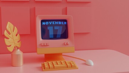 Neon Retro Calendar  - November 17 Displayed on Vintage Computer Screen with 80s Style Graphics