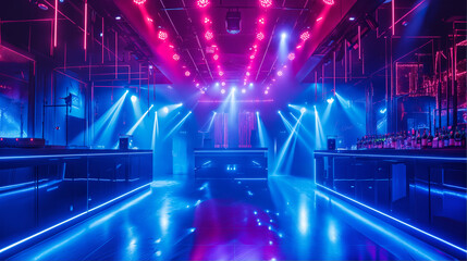 Vibrant Nightclub Stage, Dynamic Lighting and Dance Floor, Party Atmosphere, EDM Blue Laser Light Background