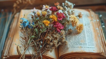 Dried flowers carefully preserved in an open book