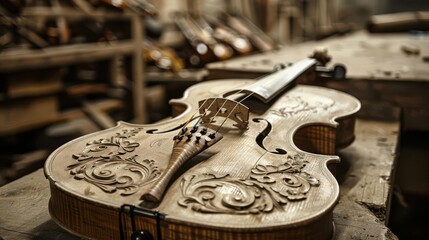 Violin construction with intricate carvings and varnishing, artisan at work
