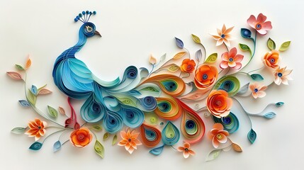 Obraz premium Intricate paper quilling of a peacock, colorful feathers