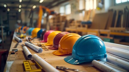 Fototapeta premium Workshop with Colorful Construction Helmets on Wooden Workbench Amidst Tools and Blueprints
