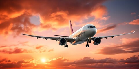 Sunset view of airplane flying through cloudy sky with sun peeking through. Concept Aviation, Atmospheric, Sunsets, Clouds, Travel