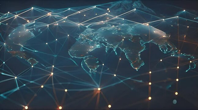 Glistening Earth with curving network lines, depicting a digital web of global connectivity