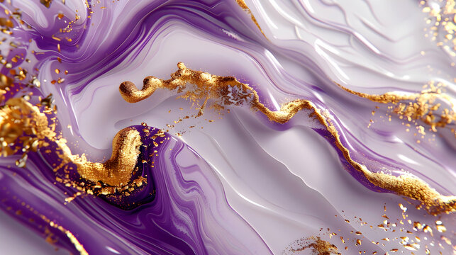 Modern abstrct background of white and perple liquid swirls with golden powder