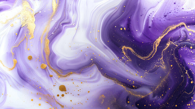 Modern abstrct background of white and perple liquid swirls with golden powder