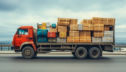 Red transport truck carrying a variety of colorful cargo on the back under a cloudy sky, showcasing diverse goods in transit