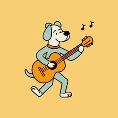 A cartoon image dancing and singing with a guitar