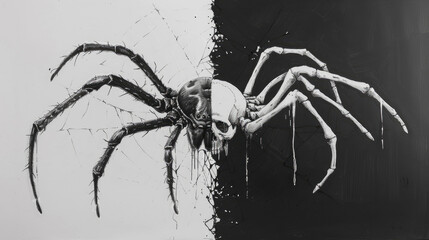 Black and white surrealist artwork depicting a spider with a human skull, blending into contrasting backgrounds. Symbolizes duality and contrast.