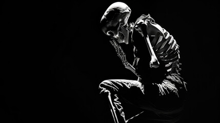 Black and white photo of a human skeleton posing reflectively, bathed in dramatic lighting, showcasing anatomical detail against a dark background.