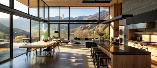 Fototapeta premium Modern kitchen with view on mountains