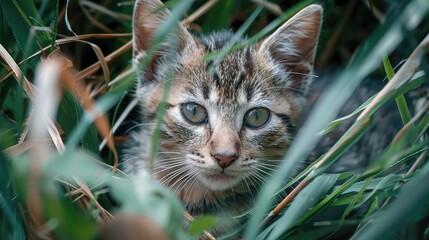 Obraz premium A picture showing a young cat resting among blades of grass