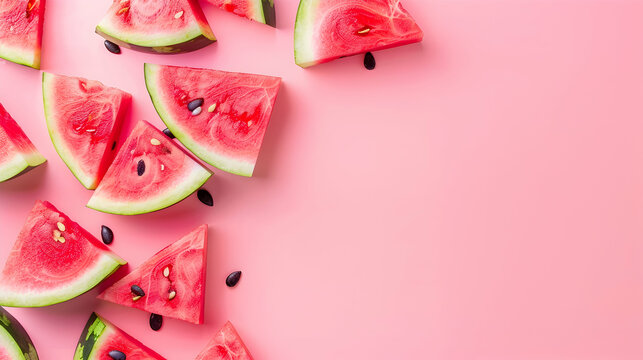 Square pieces of fresh watermelon on pink background