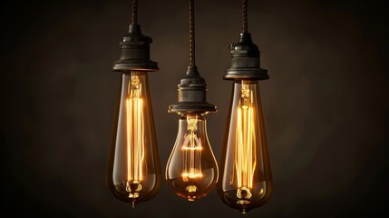 Three edison light bulbs hanging and glowing on dark background