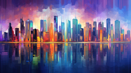 Dynamic Urban Nightscape, Abstract City Skyline. Generative AI