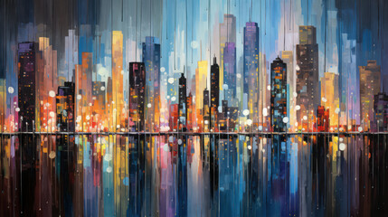 Dynamic Urban Nightscape, Abstract City Skyline. Generative AI