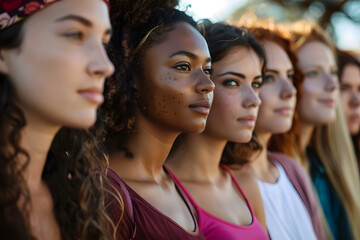 Obraz premium Women of diverse backgrounds and ethnicities standing together in solidarity, advocating for gender equality and women's rights.