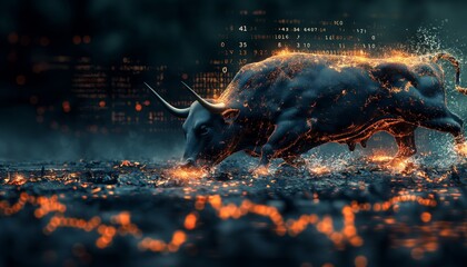 This image depicts a bull formed from fiery data, symbolizing the dynamics of finance and technology in a dark, cyber-themed setting