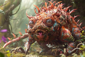 Fototapeta premium Digital art of a colorful, whimsical monster amidst a mystical forest setting