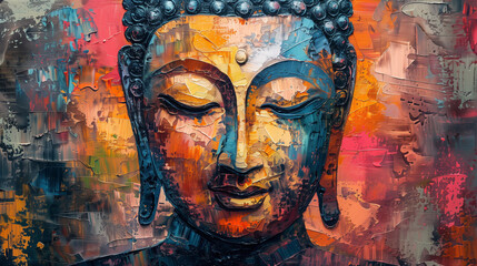 An oil painting of an abstract Buddha face, painted on a richly textured background, created as a work of meditative art.