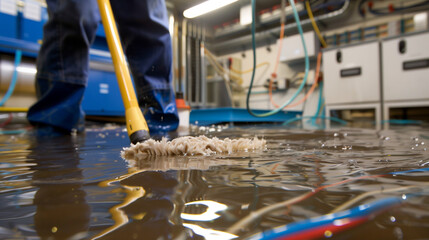 In a flooded electrical room, workers try to clean the floor using a special deep-water mop, with a backdrop full of complex electrical cables.