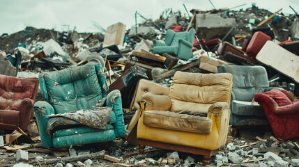 Furniture had piled up in the landfill. Crushed sofas and broken desks sit next to each other, creating a landscape of crumbling objects.