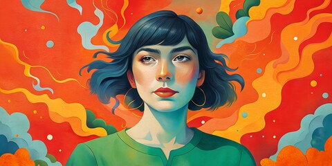 Art portrait of a woman with short hair, oil paints, bright red shades, generated by AI