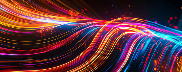 Black background with colorful, neon light trails.