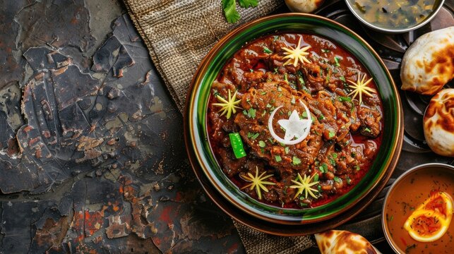 horizontal banner, Pakistan Independence Day celebration, national Pakistani cuisine, traditional dishes, dark background, copy space, free space for text