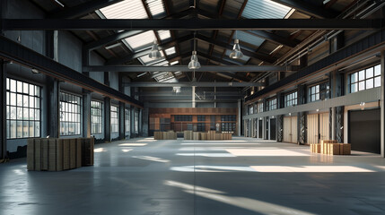 The contemporary interior of the warehouse exudes elegance and modernity. The empty space seems endless, with smooth concrete floors and stark but stylish walls.
