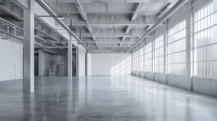 The contemporary interior of the warehouse exudes elegance and modernity. The empty space seems endless, with smooth concrete floors and stark but stylish walls.