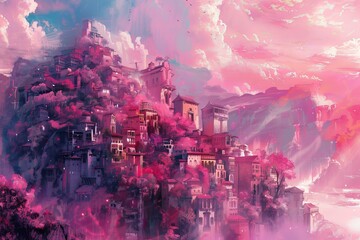 Enchanted and surreal fantasy pink blossom cityscape with blooming cherry trees and mystical, dreamlike atmosphere in a digital painting illustration of an ancient, otherworldly urban world