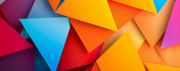 Colorful background with bright, overlapping triangles in primary colors.