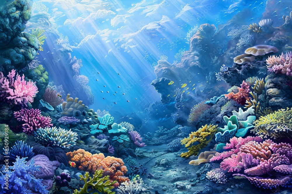 Canvas Prints Enchanting underwater scene with colorful coral, fish, and streaming sunrays