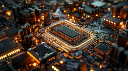 Obraz premium A close up of a computer chip with a glowing yellow outline