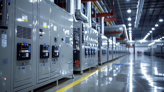 A large industrial building with many large white cooling units