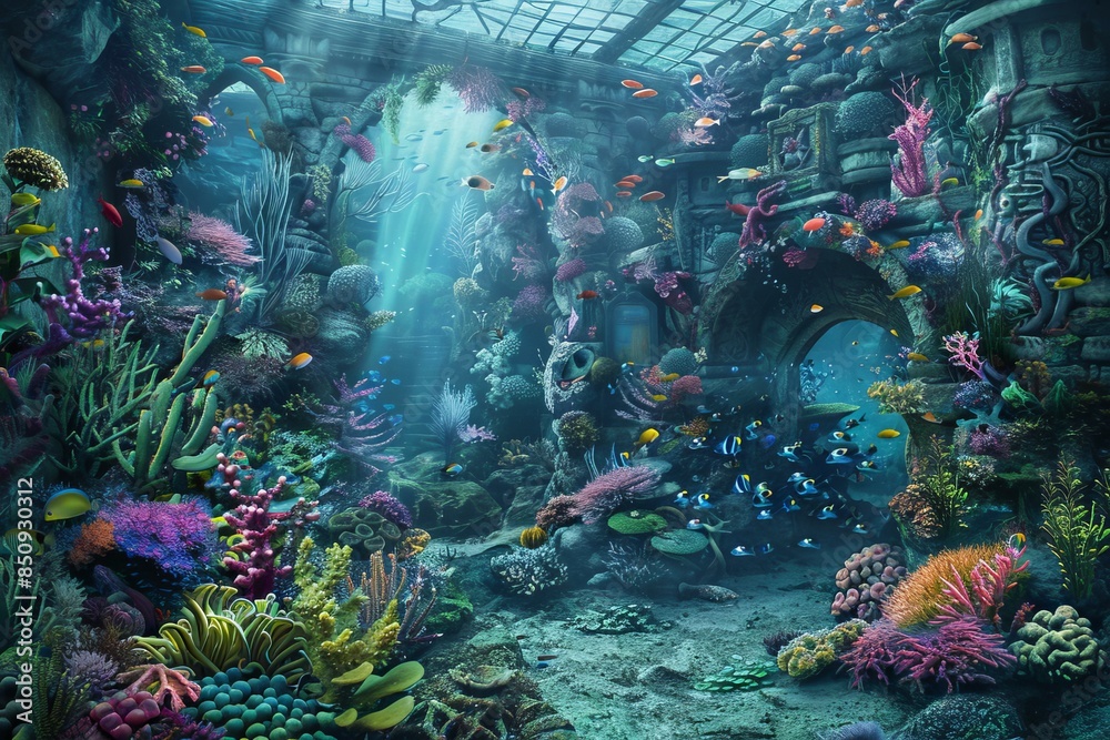 Canvas Prints mesmerizing digital artwork showcasing a vibrant underwater scene with ancient ruins and exotic fish