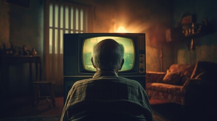 Fototapeta premium Elderly individual watching an old-style TV, soft focus background, evening light, quiet solitude